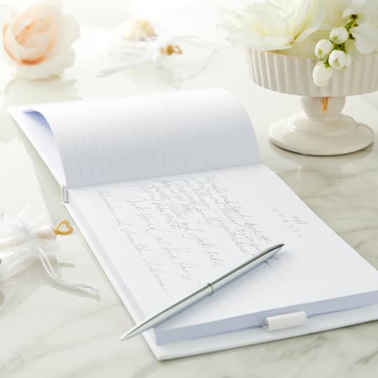 6 Pack: White & Silver Guest Book & Pen Set by Celebrate It™